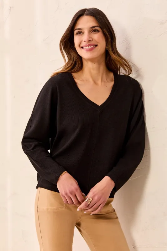 Ottoman Stretch Dolman V-Neck Knit Sweater-Black made by Tribal