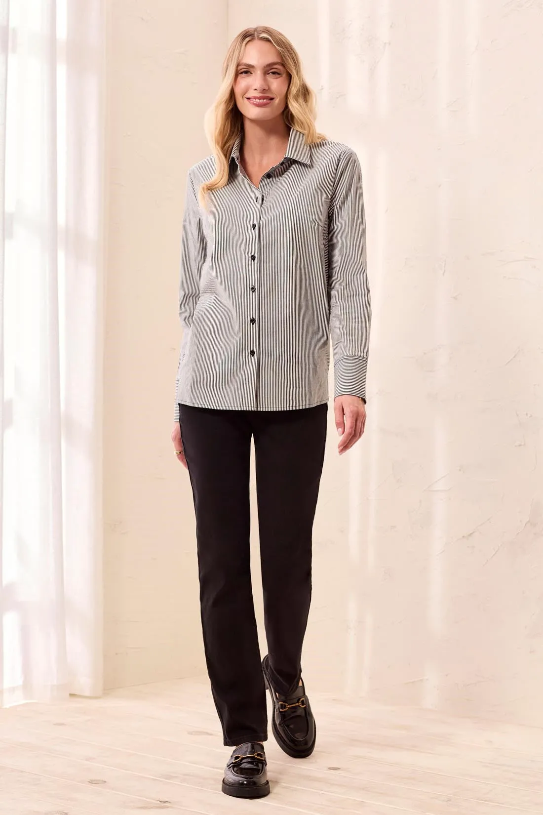 Striped Stretch Poplin Long Sleeve Button Front Shirt-Black sold by Tribal product image thumbnail 4