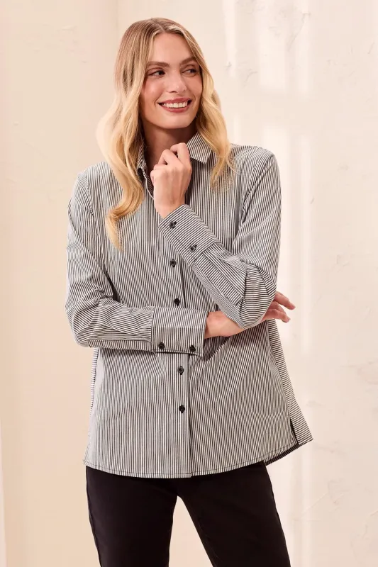 Striped Stretch Poplin Long Sleeve Button Front Shirt-Black made by Tribal