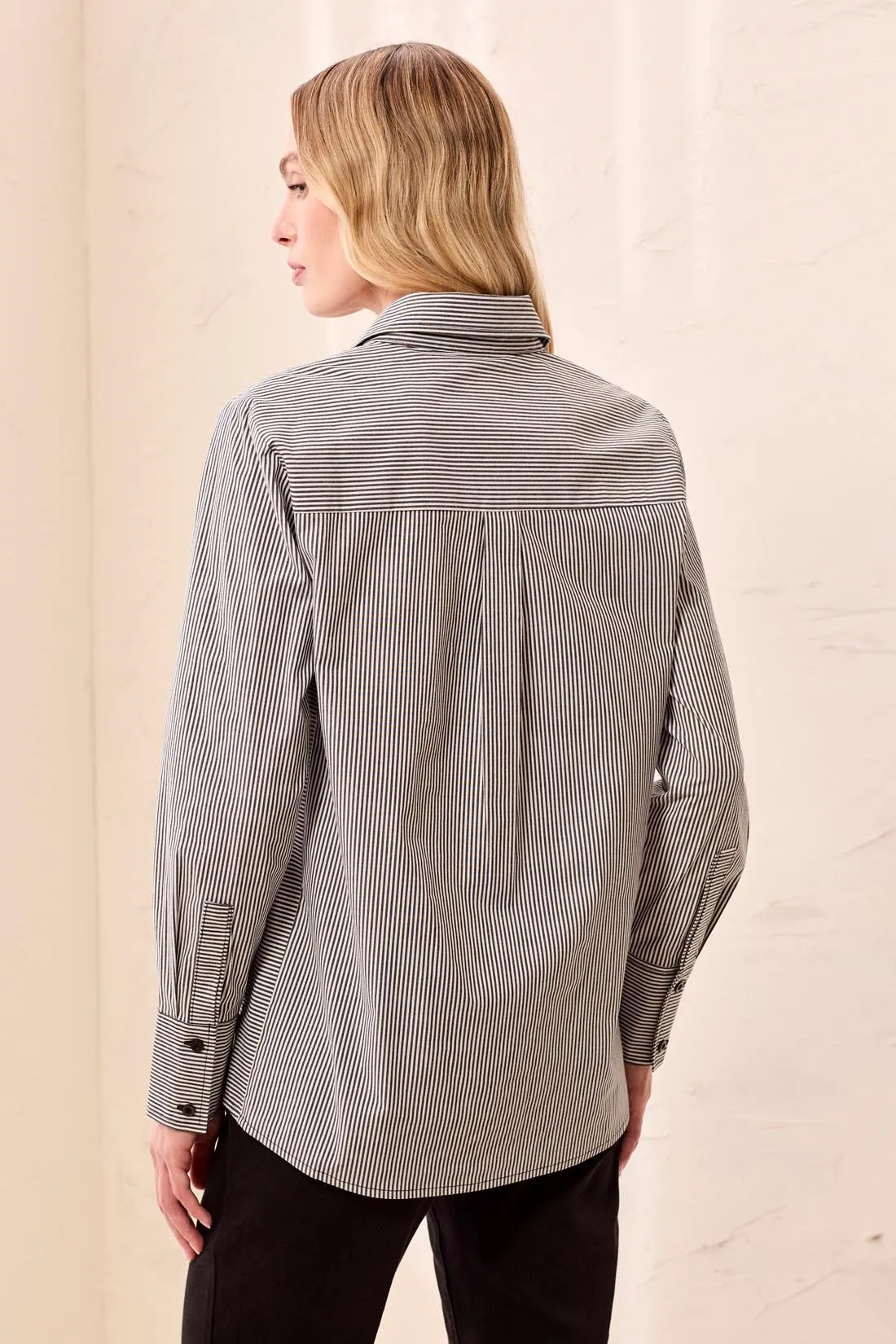 Striped Stretch Poplin Long Sleeve Button Front Shirt-Black sold by Tribal product image thumbnail 2