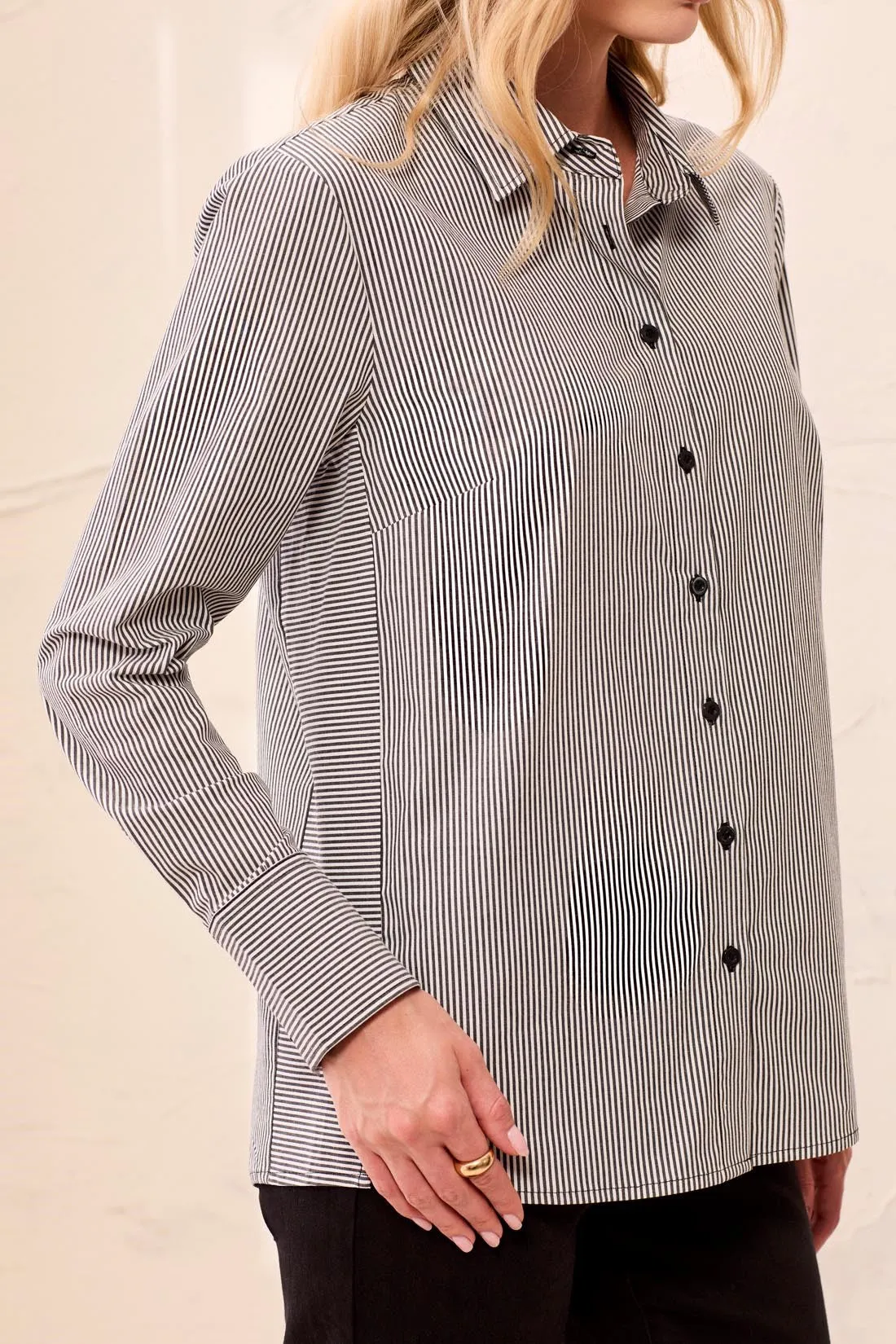 Striped Stretch Poplin Long Sleeve Button Front Shirt-Black sold by Tribal product image thumbnail 3
