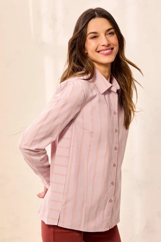Striped Stretch Poplin Long Sleeve Button Front Shirt-Violetice made by Tribal
