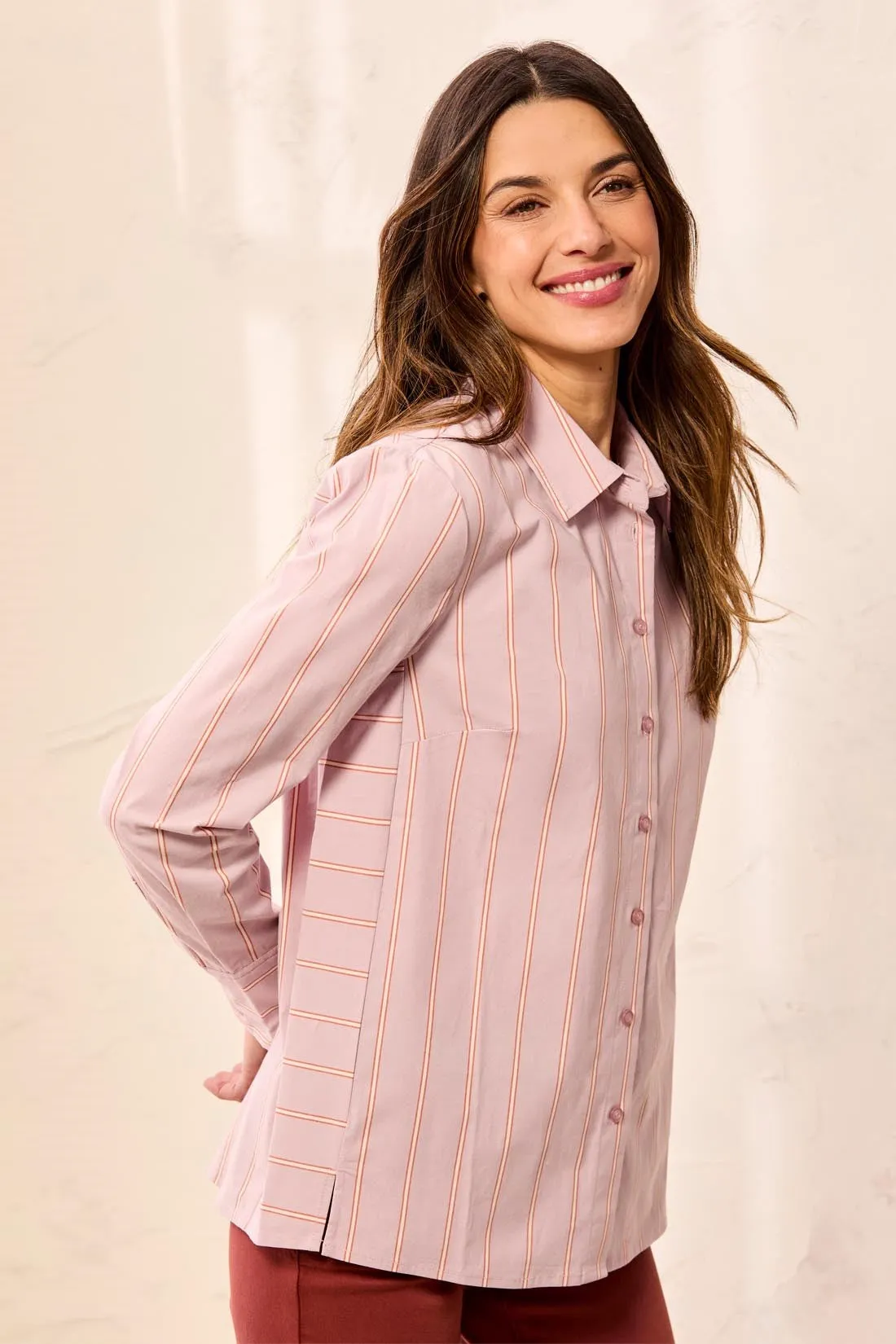Striped Stretch Poplin Long Sleeve Button Front Shirt-Violetice sold by Tribal
