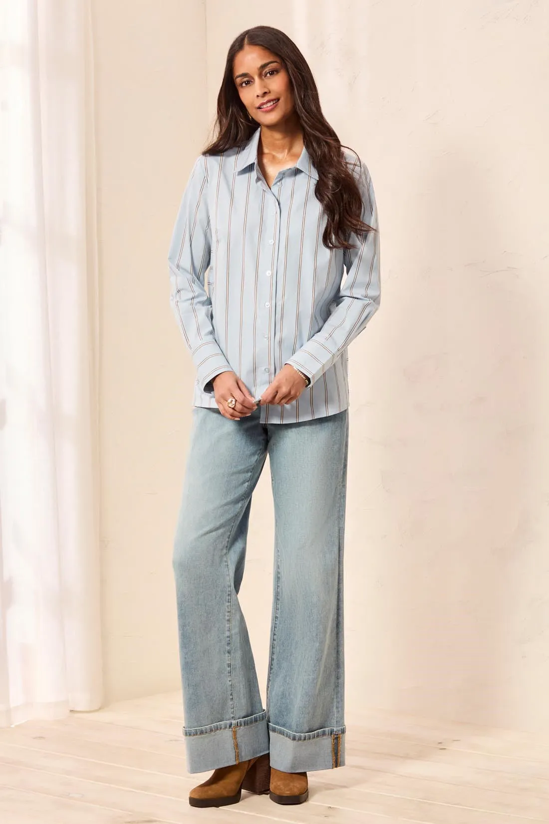 Striped Stretch Poplin Long Sleeve Button Front Shirt-Blue fog sold by Tribal product image thumbnail 4