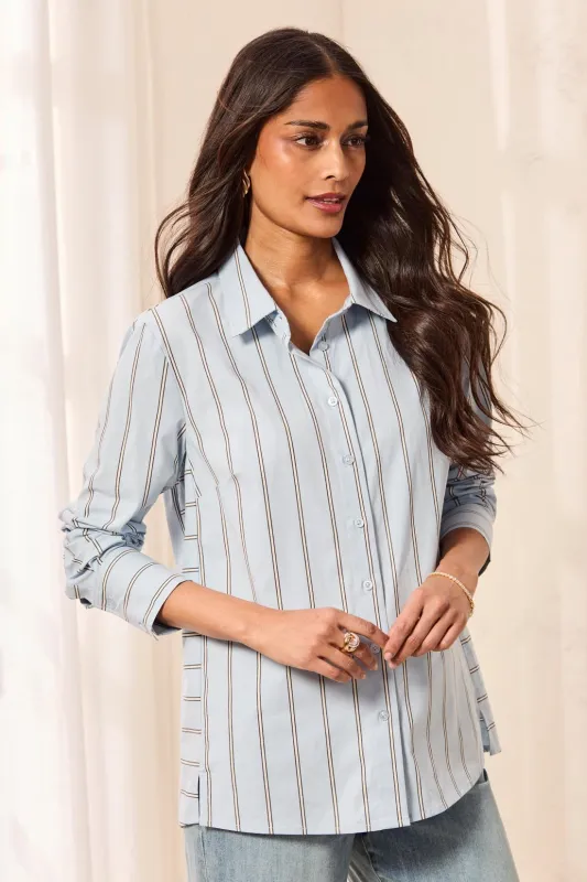 Striped Stretch Poplin Long Sleeve Button Front Shirt-Blue fog made by Tribal