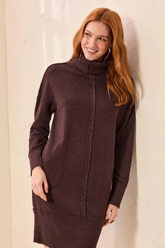 Soft French Terry Turtleneck Long Sleeve Knit Dress-Saddlebrown made by Tribal