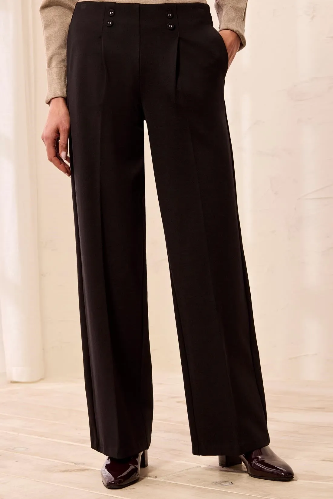 Signature Luxury Twill Wide Leg Button Detail Pull-On Pants-Black sold by Tribal product image thumbnail 3