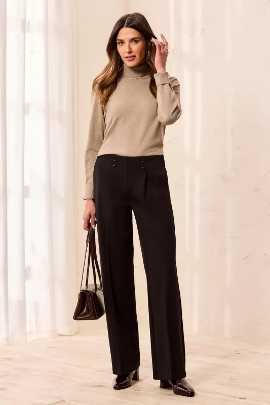 Signature Luxury Twill Wide Leg Button Detail Pull-On Pants-Black made by Tribal