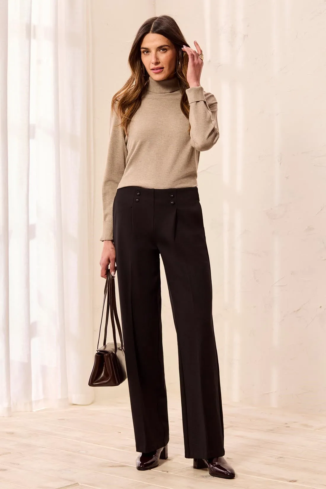 Signature Luxury Twill Wide Leg Button Detail Pull-On Pants-Black sold by Tribal