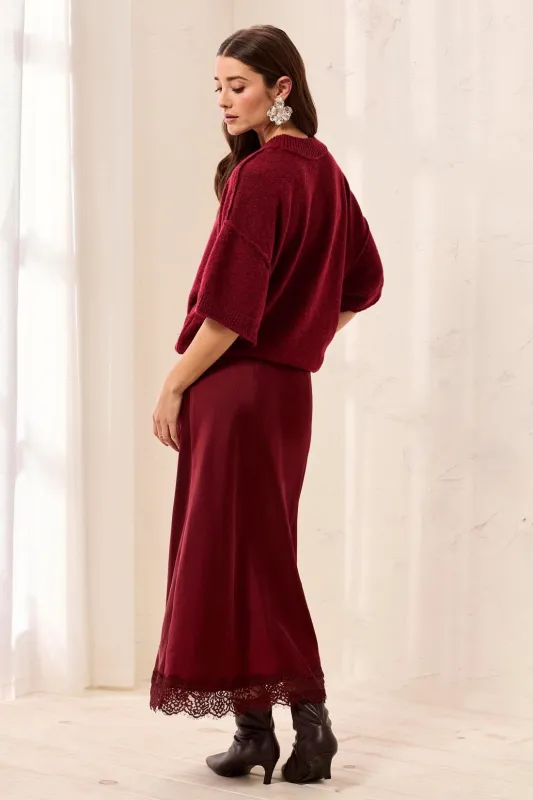 Satin Effect Midi Skirt With Lace Trim Hem-Cherrylacquer made by Tribal
