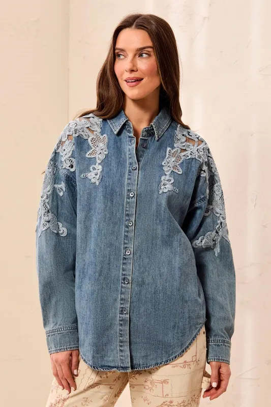 Embroidered Lace Inset Denim Button-Up Shirt-Flowerblue made by Tribal