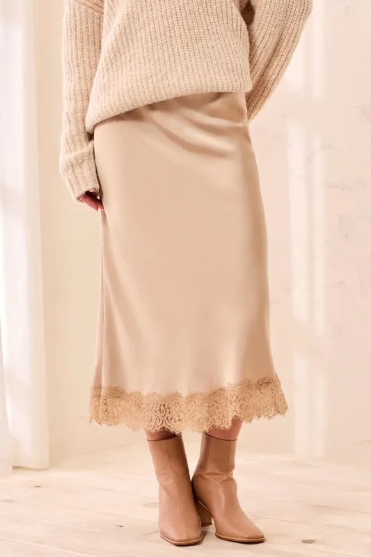 Satin Effect Midi Skirt With Lace Trim Hem-Pashmina made by Tribal