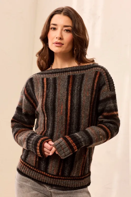 Yarn Dye Boat Neck Long Sleeve Sweater-M steel made by Tribal