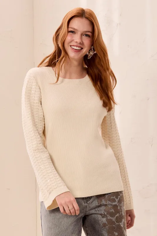 Sweater With Chevron Knit Studded Bell Sleeve-Cream made by Tribal