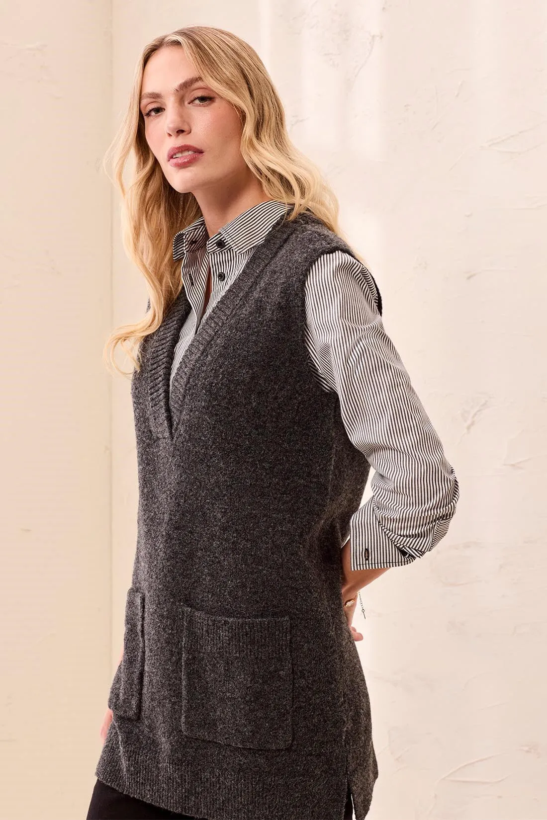 Sleeveless Tunic Knit Sweater Vest-Charcoal sold by Tribal