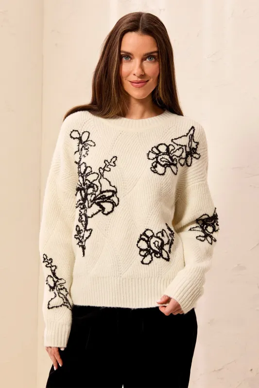 Embroidered Floral Textured Drop Shoulder Knit Sweater-Moonstone made by Tribal