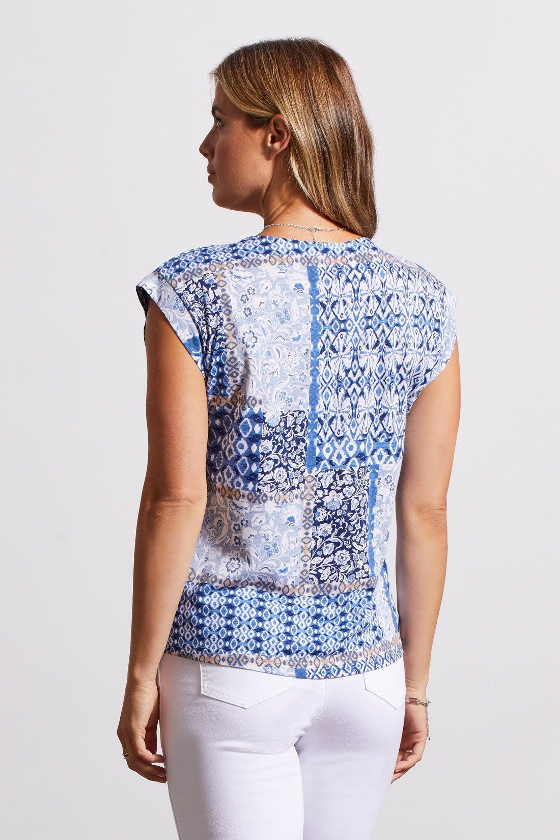 PRINTED SLEEVELESS V-NECK TOP WITH SHEERING-Bluestar sold by Tribal product image thumbnail 4