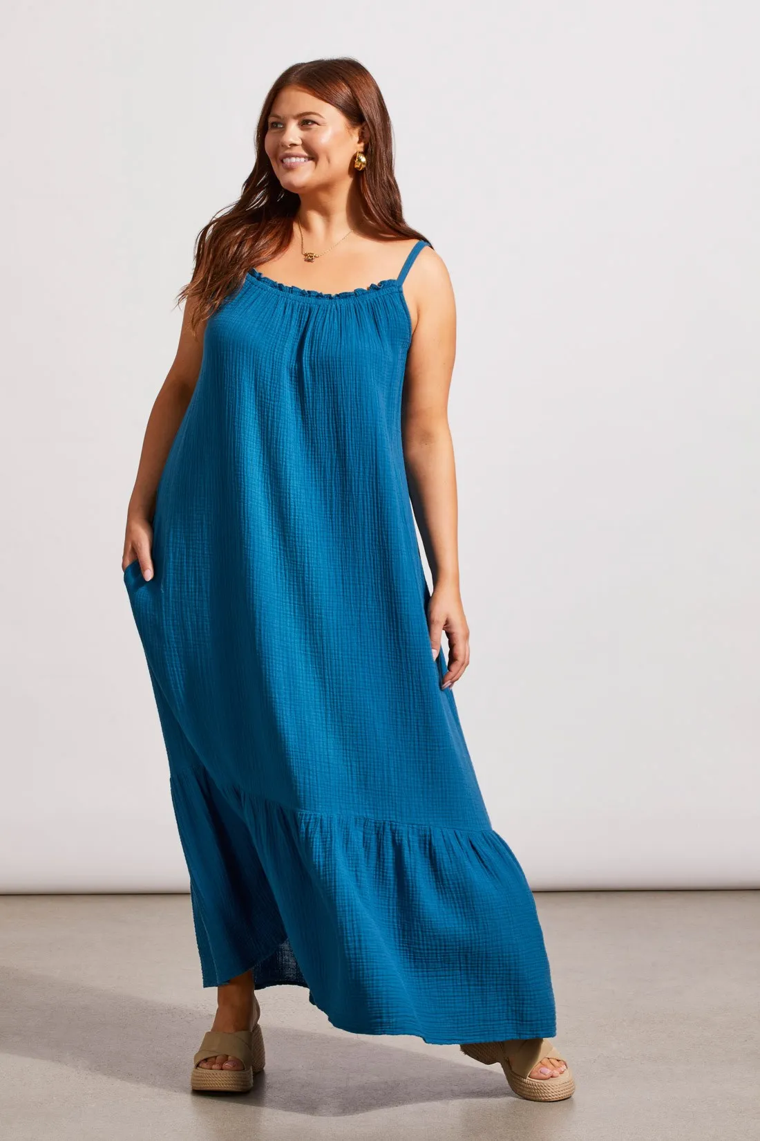 COTTON GAUZE MAXI DRESS WITH FRILLS AND POCKETS-Oceanside sold by Tribal
