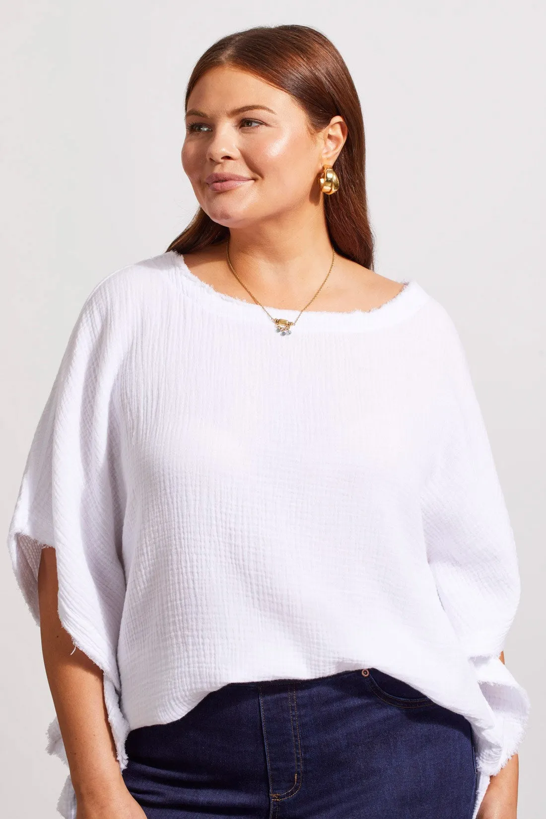 COTTON GAUZE KAFTAN BLOUSE WITH FRAYED EDGE DOLMAN SLEEVES-White sold by Tribal product image thumbnail 3