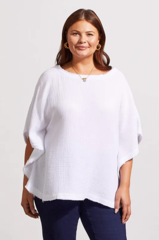 COTTON GAUZE KAFTAN BLOUSE WITH FRAYED EDGE DOLMAN SLEEVES-White sold by Tribal