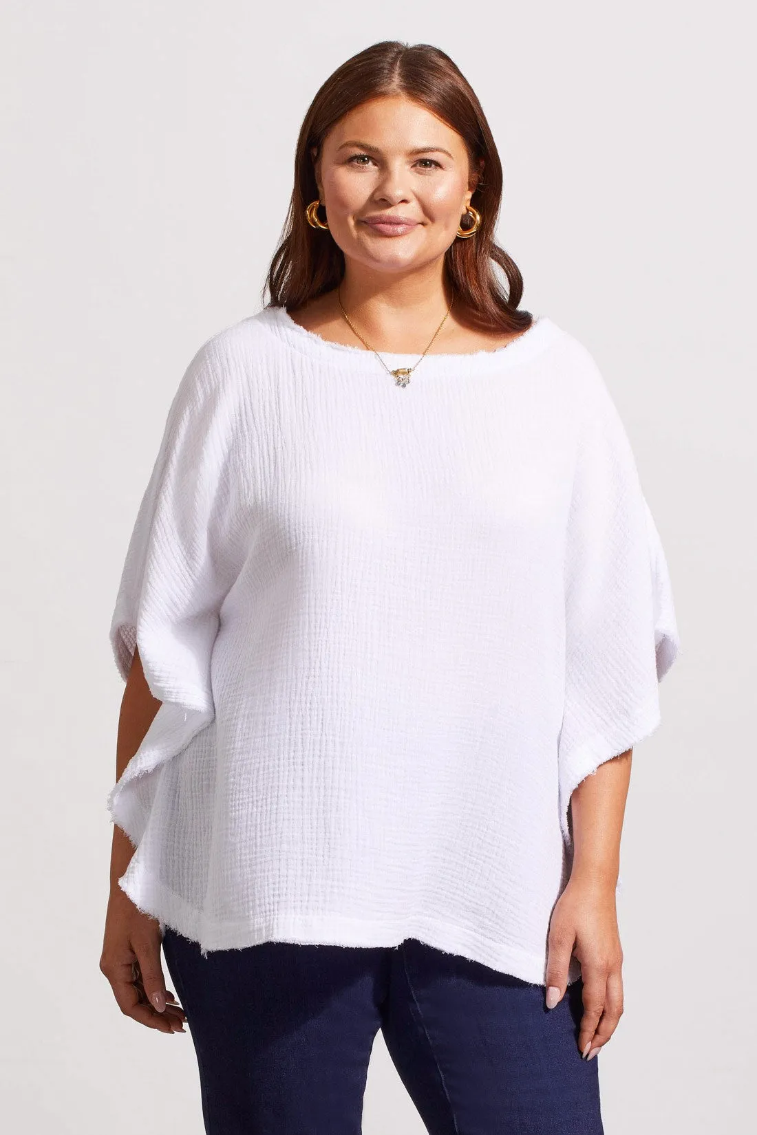COTTON GAUZE KAFTAN BLOUSE WITH FRAYED EDGE DOLMAN SLEEVES-White sold by Tribal