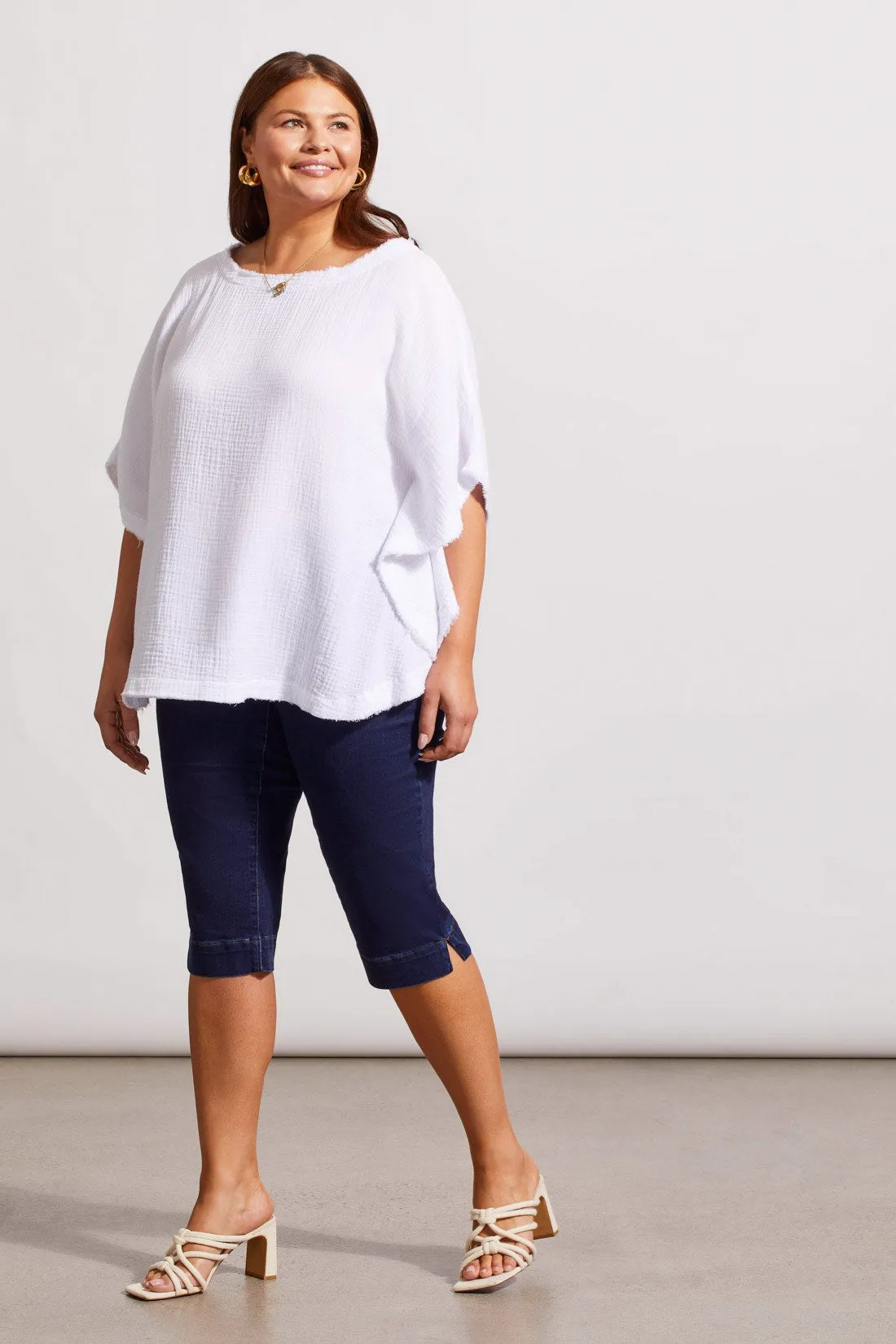 COTTON GAUZE KAFTAN BLOUSE WITH FRAYED EDGE DOLMAN SLEEVES-White sold by Tribal product image thumbnail 2