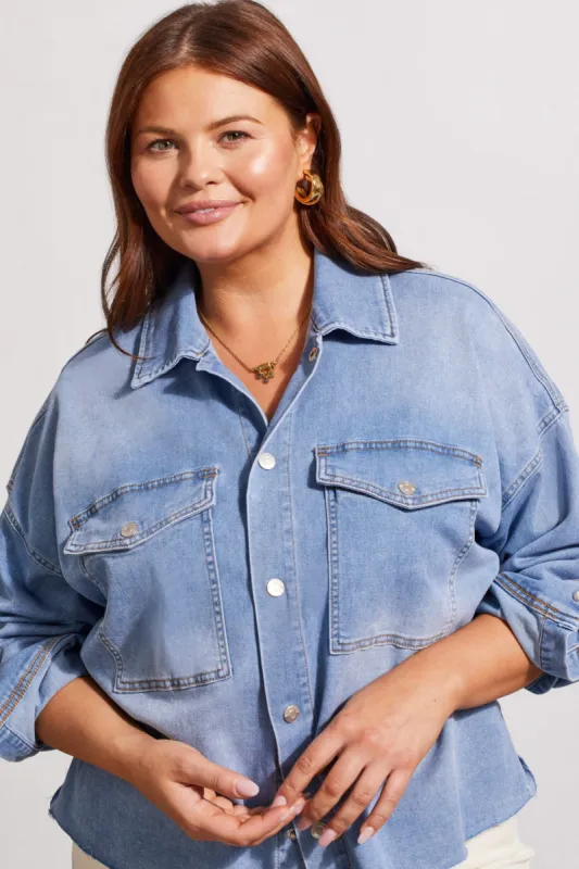 CROPPED DENIM SHACKET WITH POCKETS-Sky blue sold by Tribal