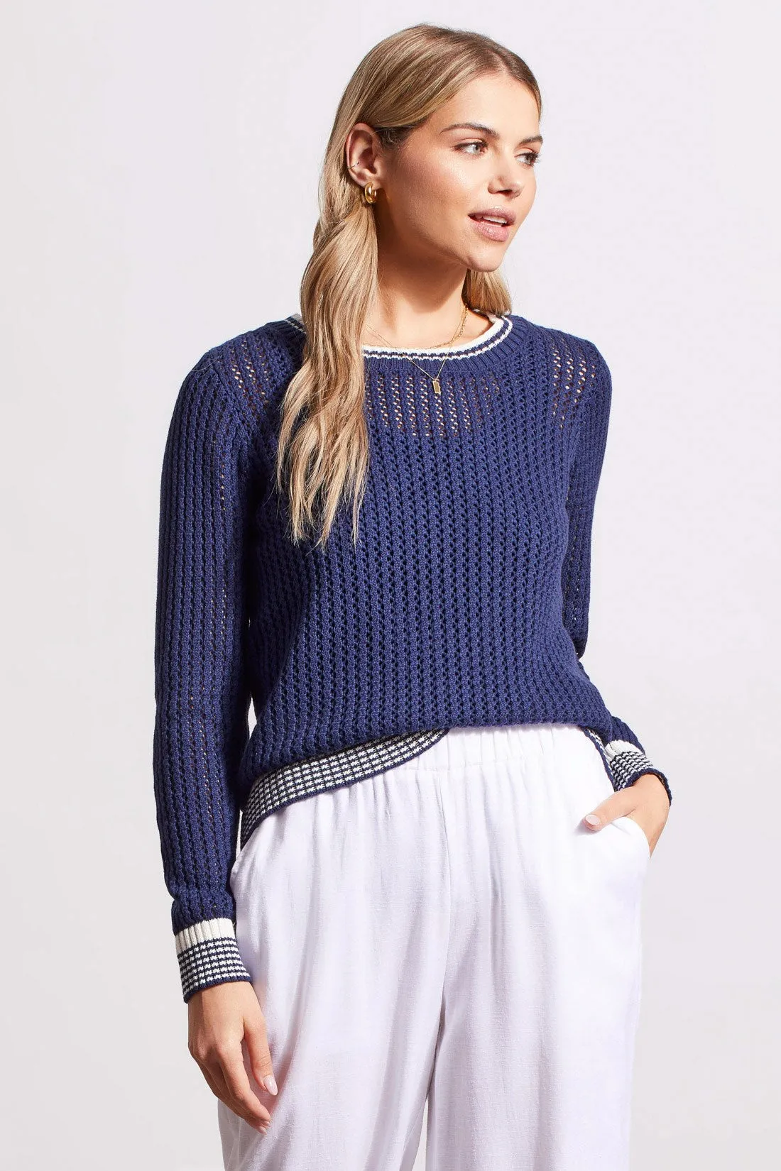 OPEN-KNIT COTTON CREWNECK SWEATER-Jet blue sold by Tribal