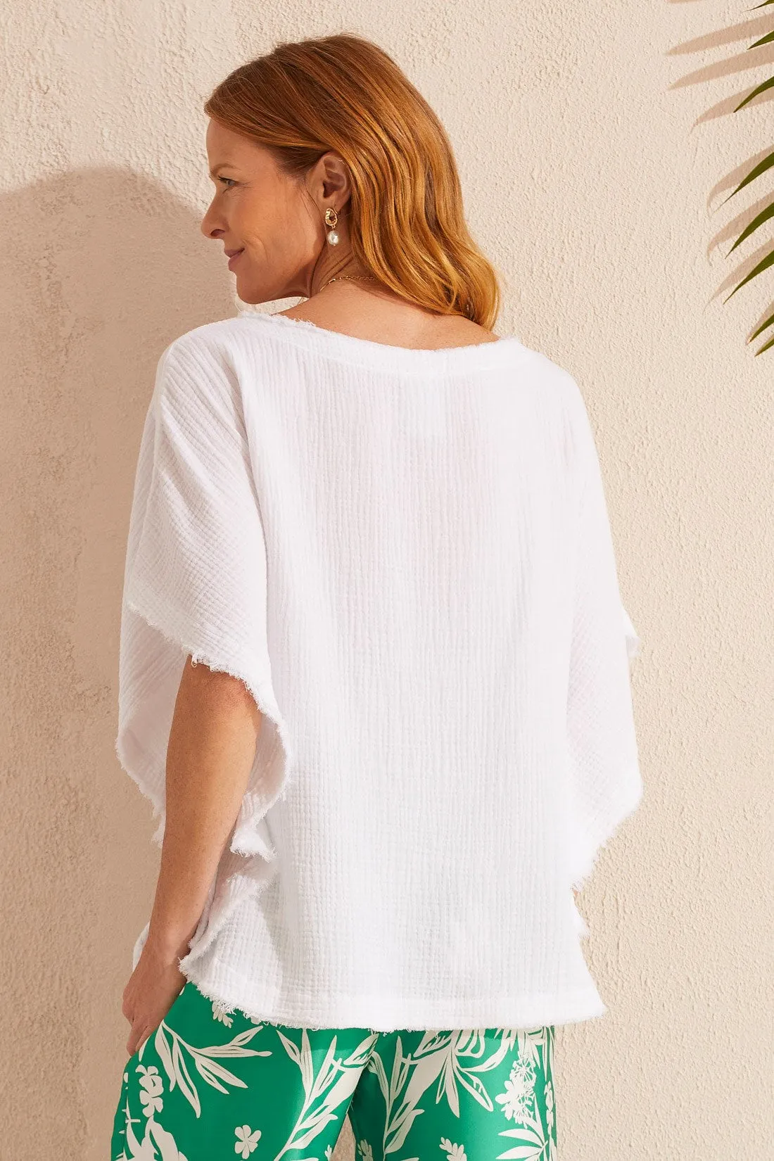 COTTON GAUZE KAFTAN BLOUSE WITH FRAYED EDGE DOLMAN SLEEVES-White sold by Tribal product image thumbnail 4