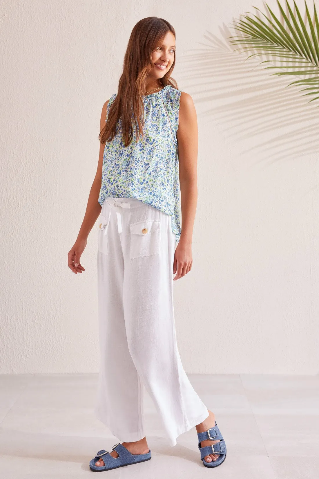 PULL-ON LINEN BLEND PAPERBAG CROP PANTS-White sold by Tribal product image thumbnail 2