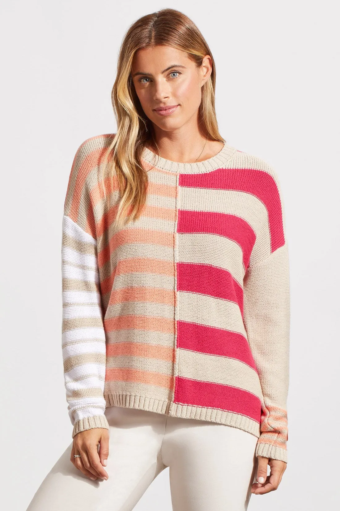 CONTRAST STRIPE CREW NECK SWEATER-Raspberry sold by Tribal