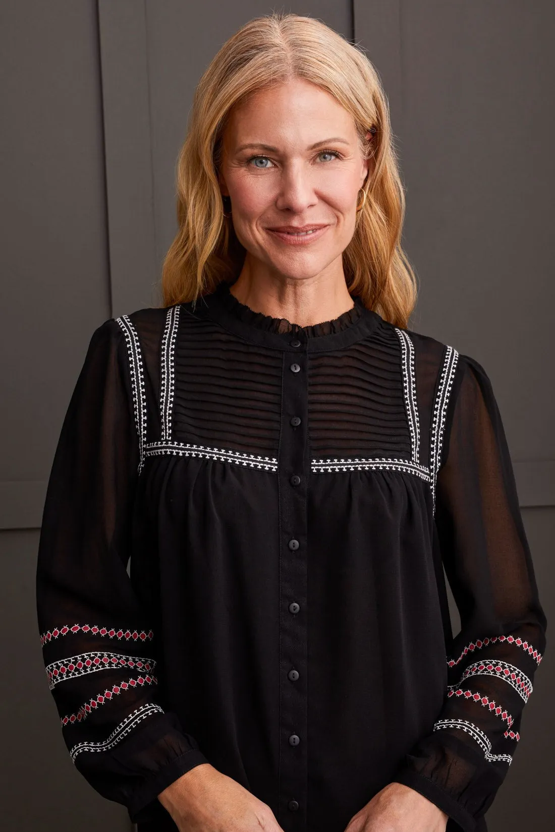 Embroidered Pin Tuck Blouse With Sheer Sleeves-Black sold by Tribal product image thumbnail 2