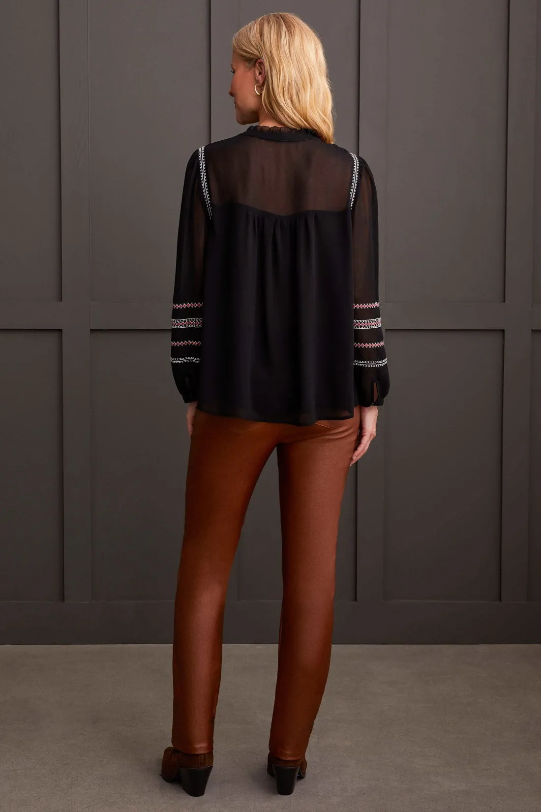 Embroidered Pin Tuck Blouse With Sheer Sleeves-Black sold by Tribal product image thumbnail 4