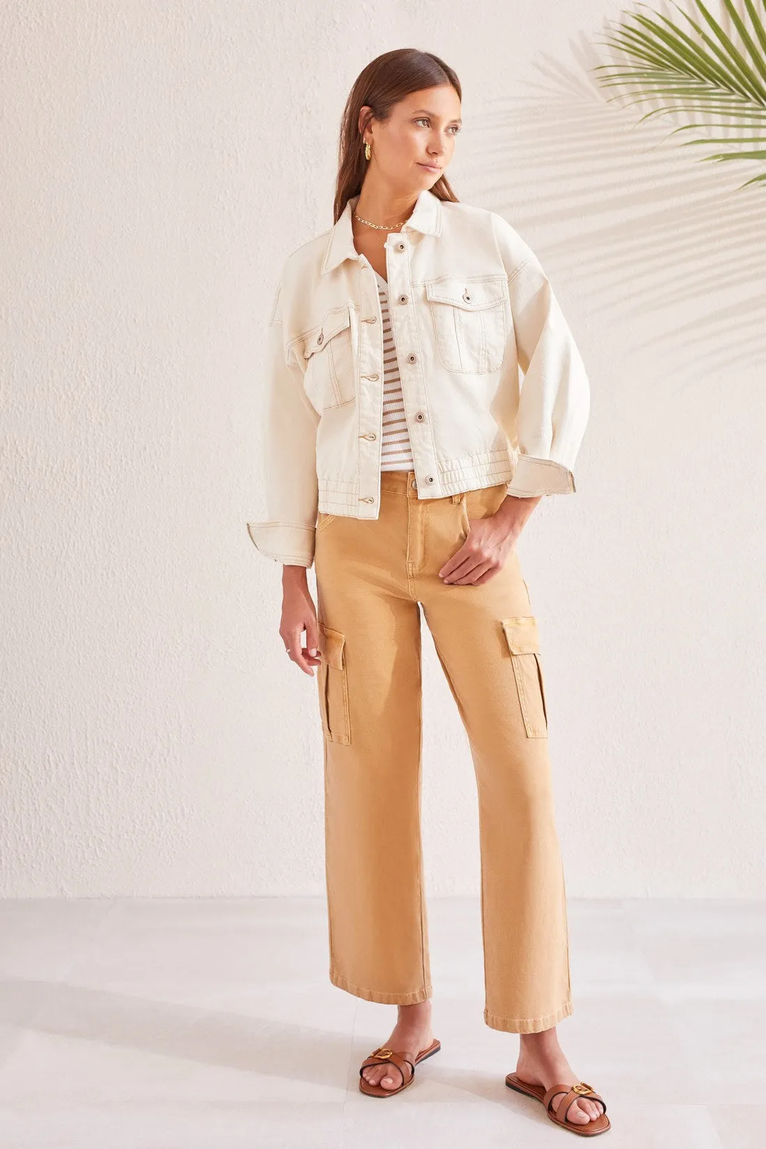 STRETCH ECRU OVERSIZE JACKET WITH ELASTIC WAIST-Ecru sold by Tribal