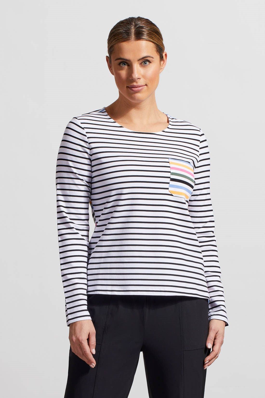 MULTICOLOR STRIPE CREW NECK TOP WITH POCKET-Camelia sold by Tribal
