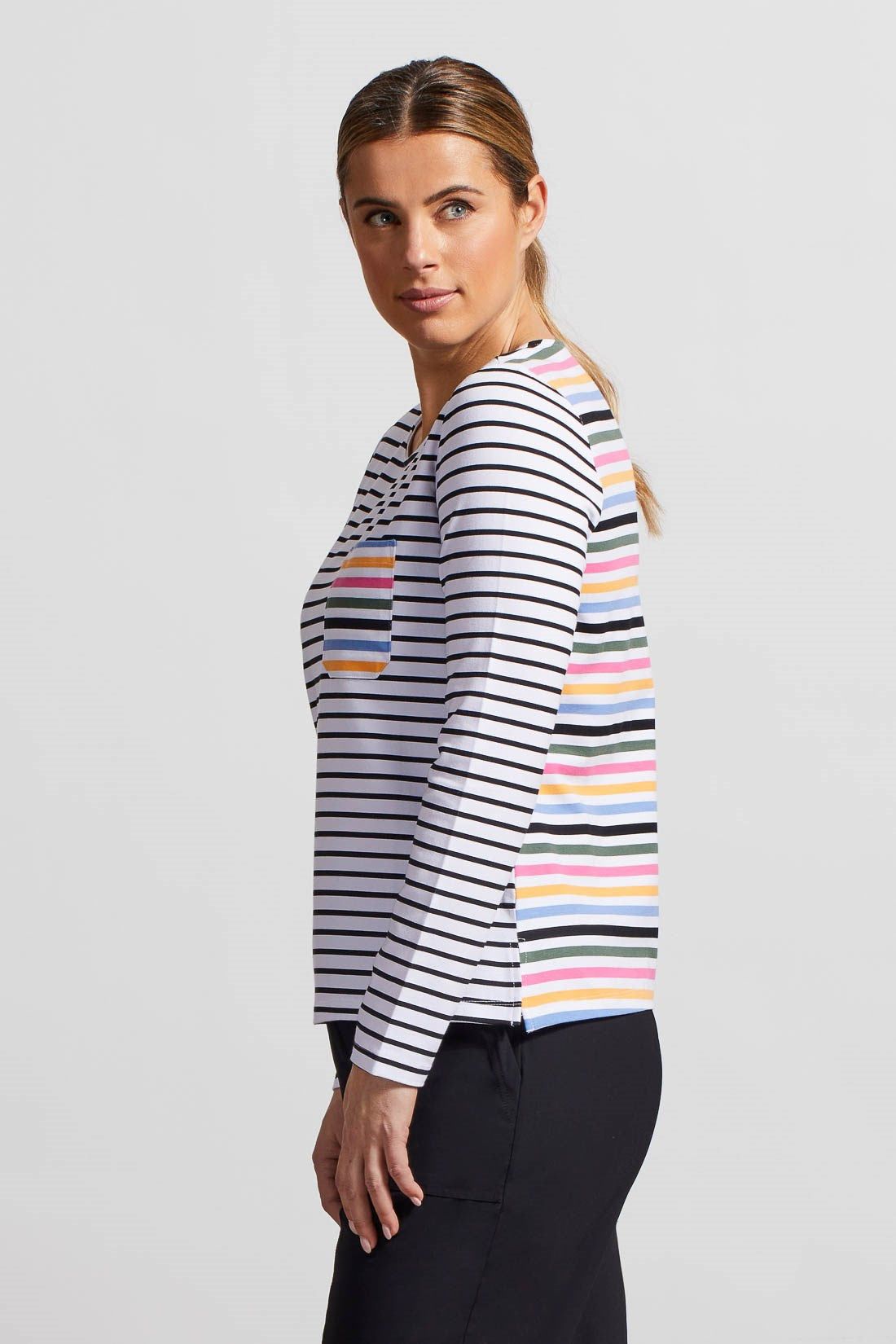 MULTICOLOR STRIPE CREW NECK TOP WITH POCKET-Camelia sold by Tribal product image thumbnail 2