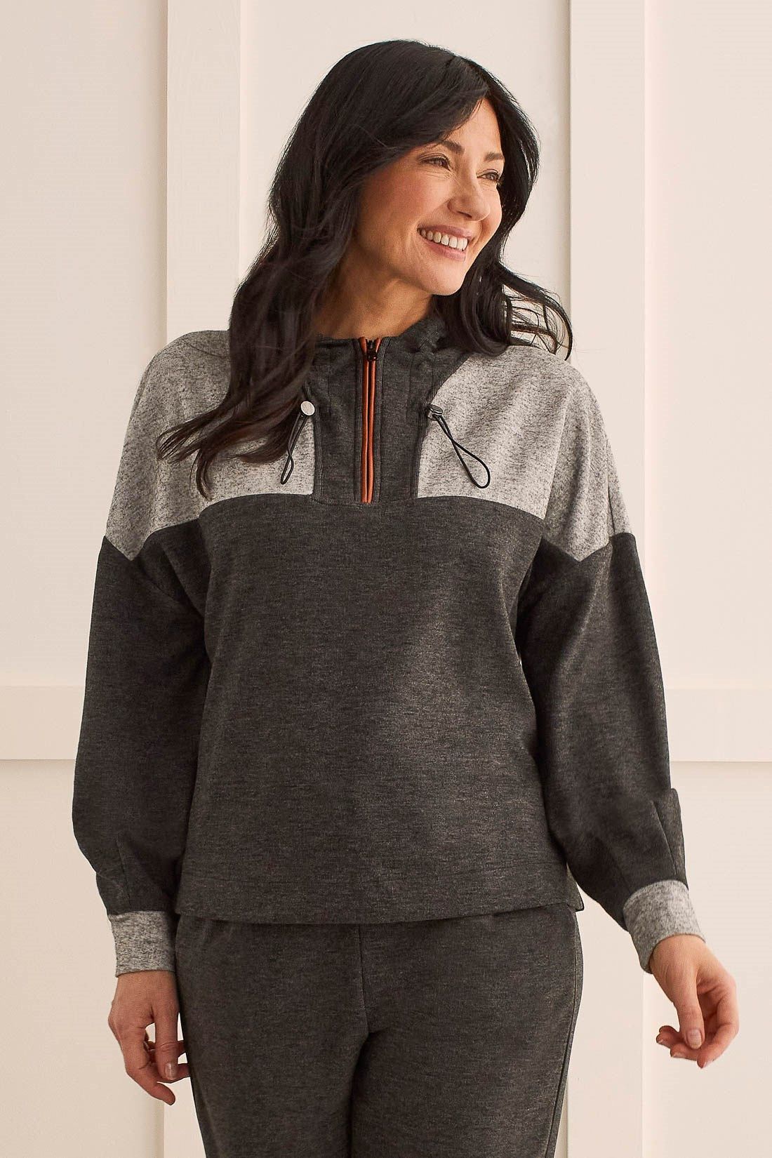 BRUSHED HEATHER HOODED TOP-Charcoal sold by Tribal