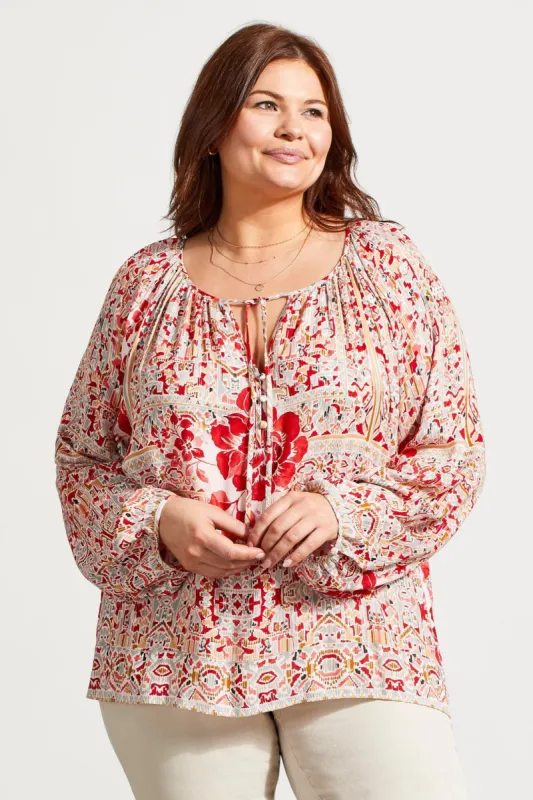 Flowy Printed Crepe Blouse With Ties-Scarlet made by Tribal