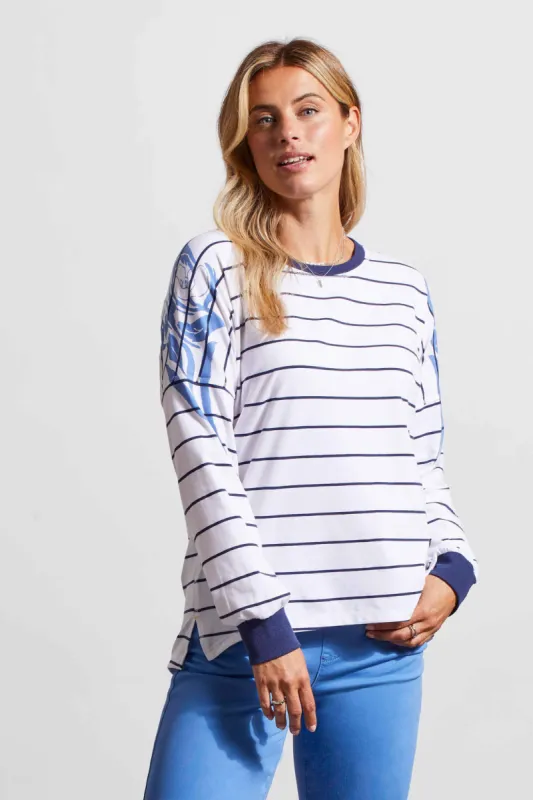 STRIPE LONG-SLEEVE CREW NECK TOP WITH DROP SHOULDER-White sold by Tribal