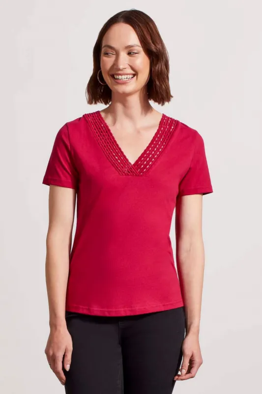 V-NECK TOP WITH CROCHET TRIM-Daiquiri sold by Tribal