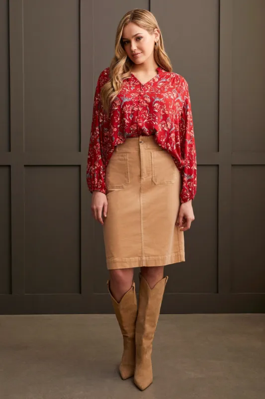 Jacquard Challis Button-Up Blouse-Scarlet sold by Tribal