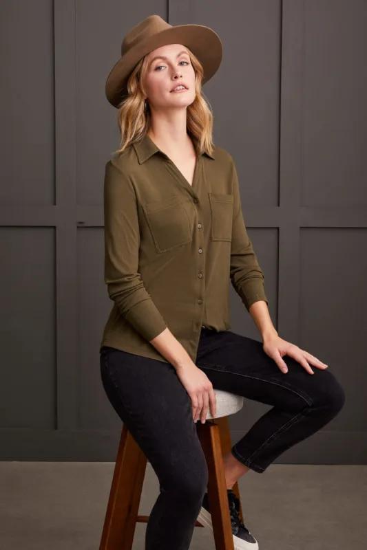 Soft Touch Mini Rib Button-Up Shirt-Olive sold by Tribal