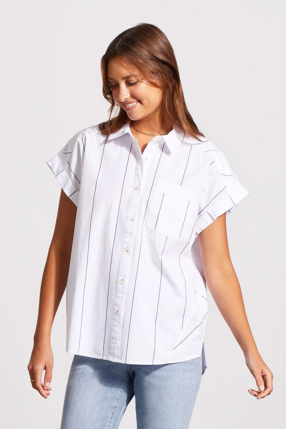COTTON CAP SLEEVE SHIRT WITH SIDE PANEL DETAIL-White sold by Tribal