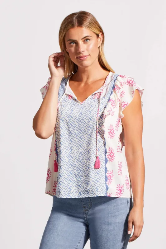 MIXED PRINT NOTCH NECK BLOUSE-Hi pink sold by Tribal