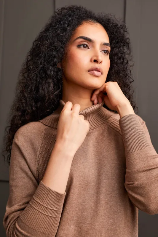 Raglan Sleeve Cowl Neck Sweater With Front Stitch Pattern-Mocha sold by Tribal