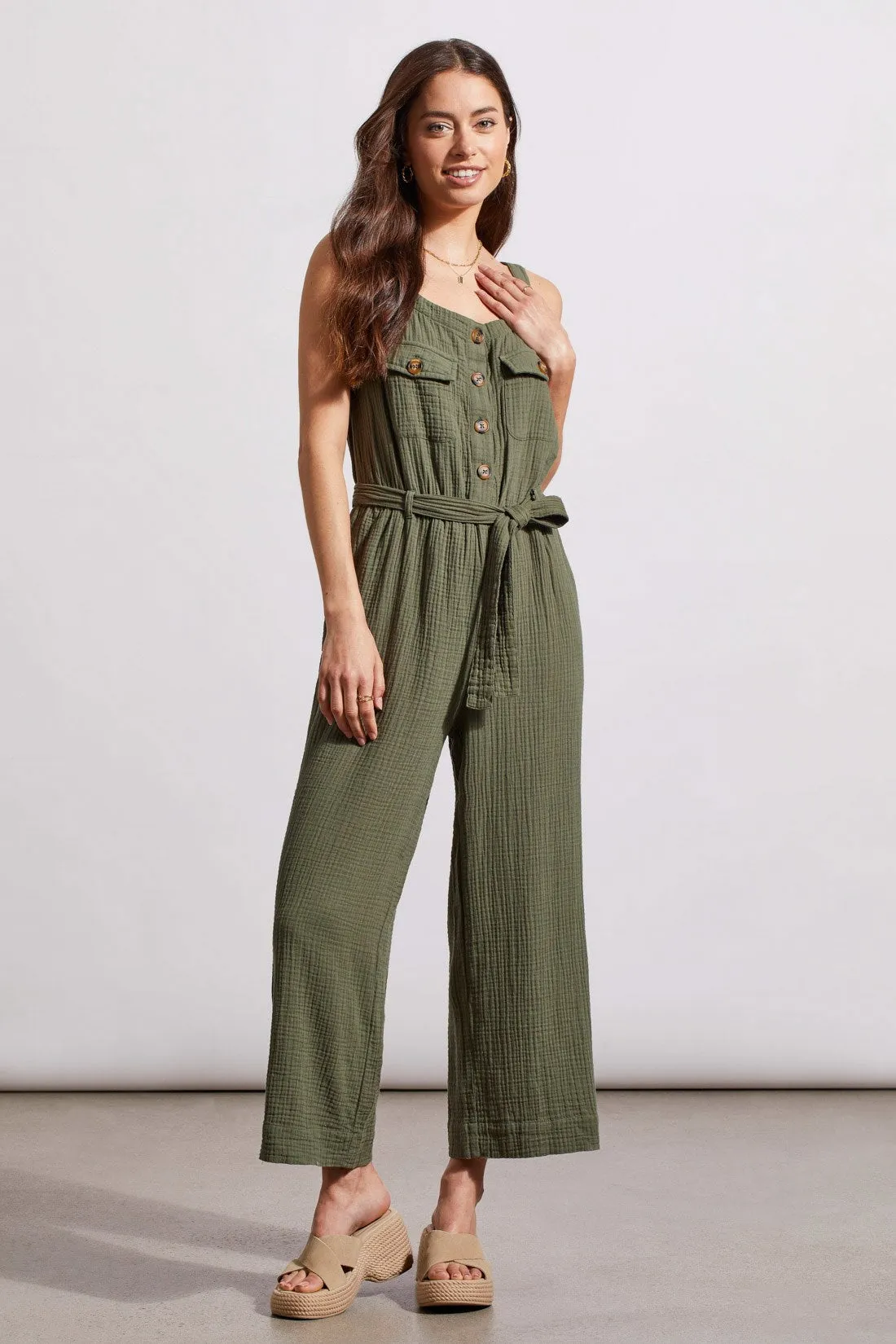 COTTON GAUZE BELTED JUMPSUIT-Ferngreen sold by Tribal
