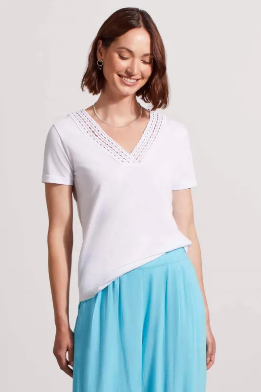V-NECK TOP WITH CROCHET TRIM-White sold by Tribal
