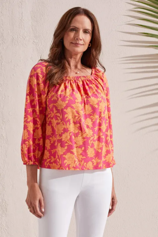 FLORAL SQUARE NECK PEASANT TOP-Raspberry sold by Tribal