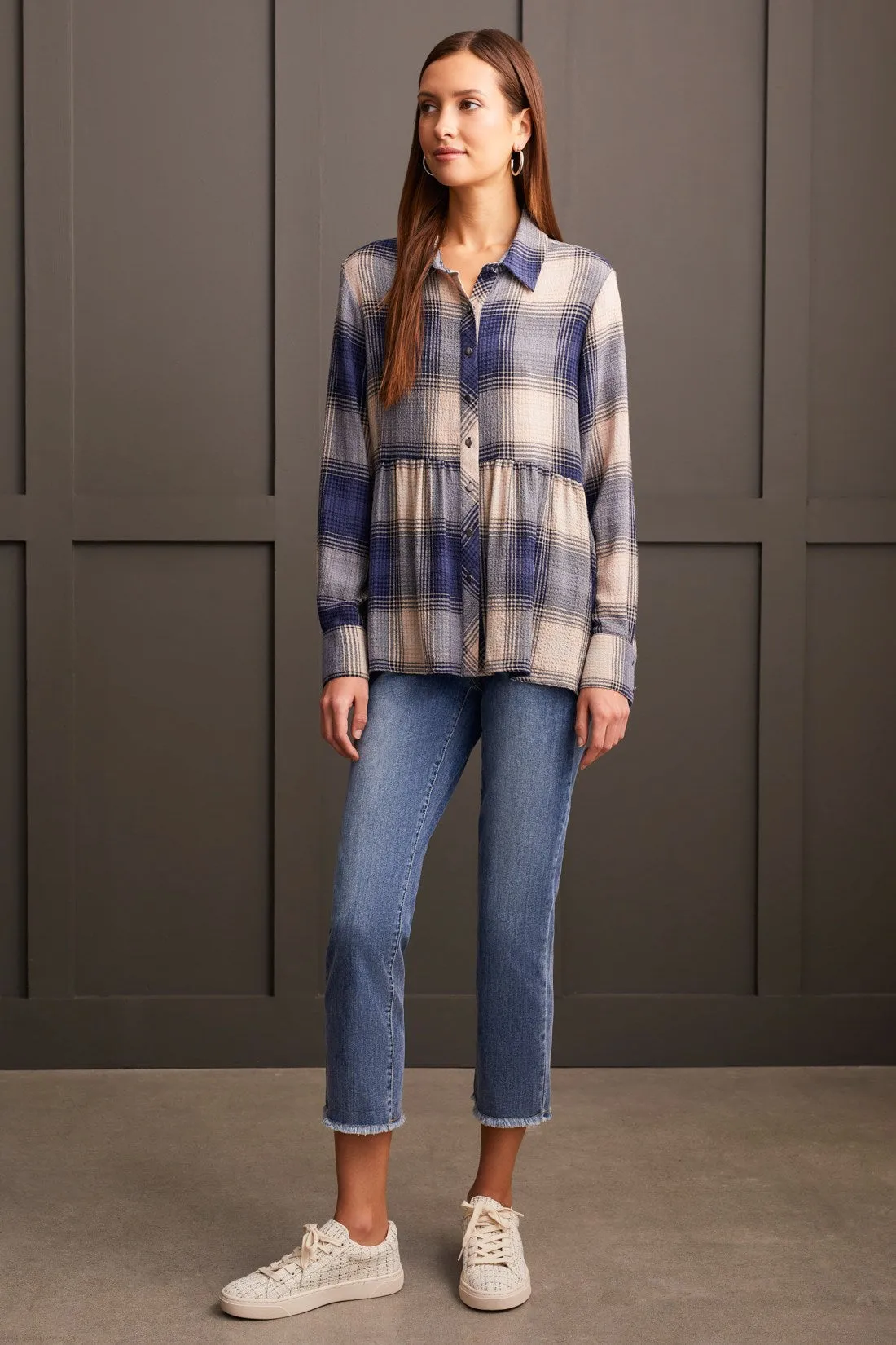 Plaid Peplum Button-Up-Blue Jay sold by Tribal