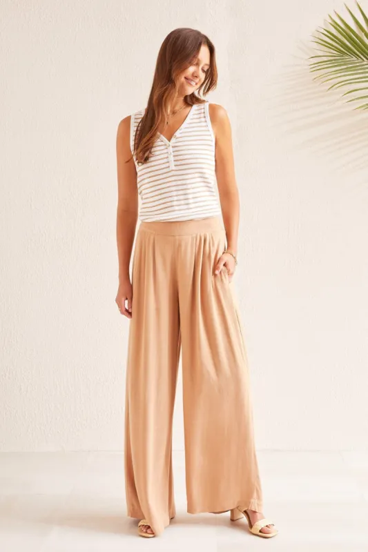 PULL-ON LINEN BLEND FLOWY PANTS WITH POCKETS-Caramel sold by Tribal